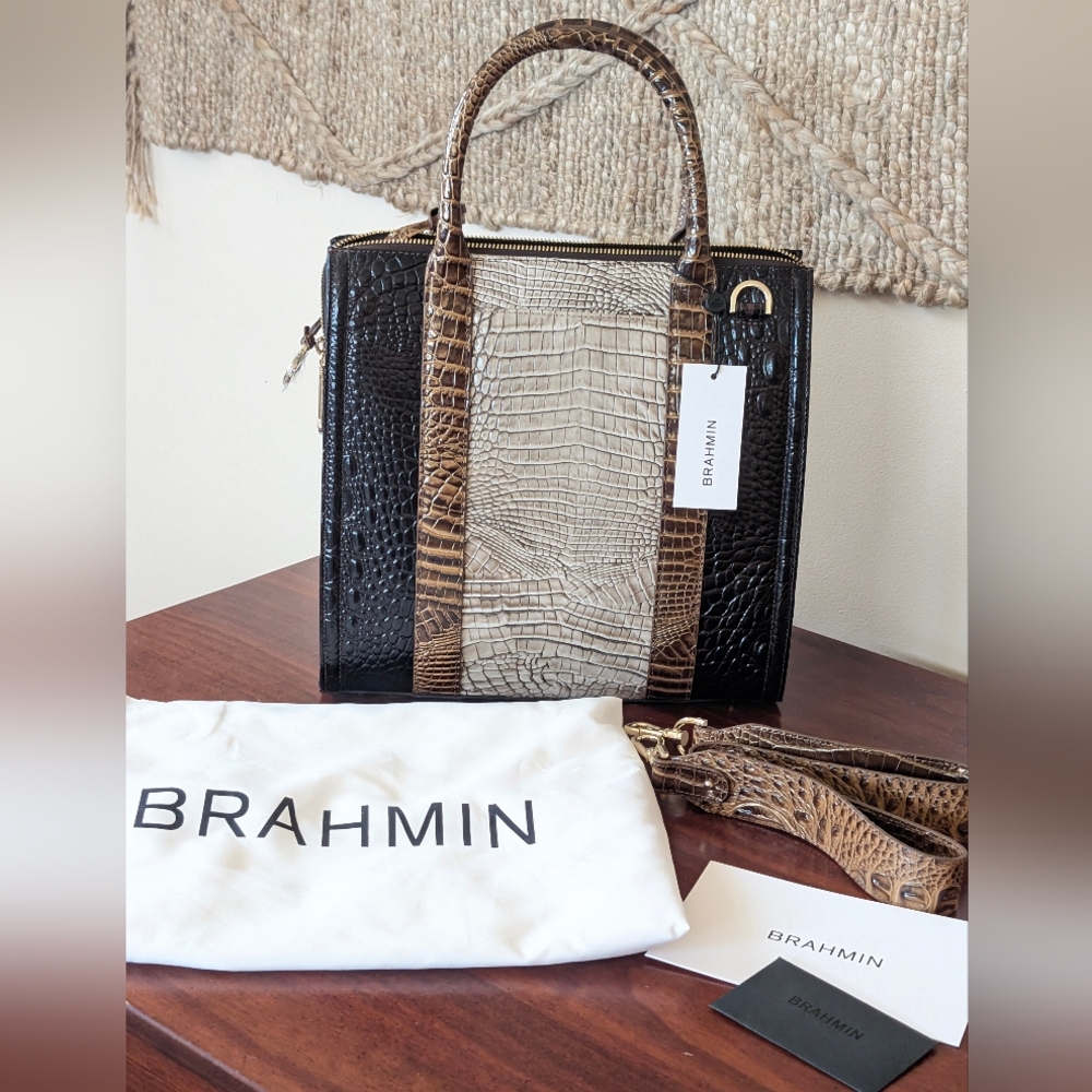 Brahmin Black and Taupe Croc-Embossed Satchel - Picture 2 of 16